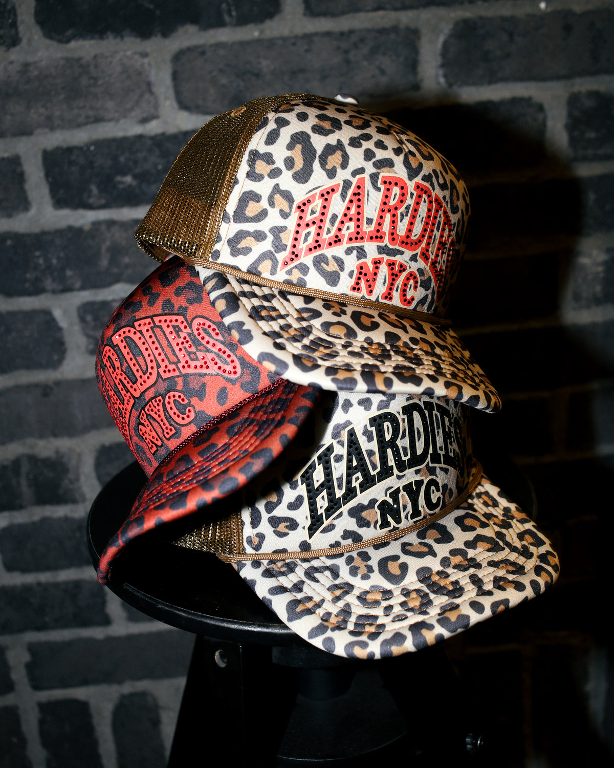 HARDIES HARDWARE - RHINESTONE PRE CURVE TRUCKER HAT "LEOPARD/RED"