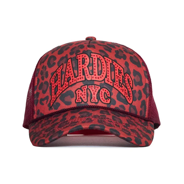 HARDIES HARDWARE - RHINESTONE PRE CURVE TRUCKER HAT "RED/LEOPARD"