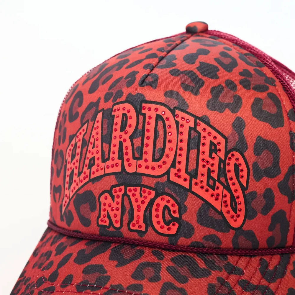 HARDIES HARDWARE - RHINESTONE PRE CURVE TRUCKER HAT "RED/LEOPARD"