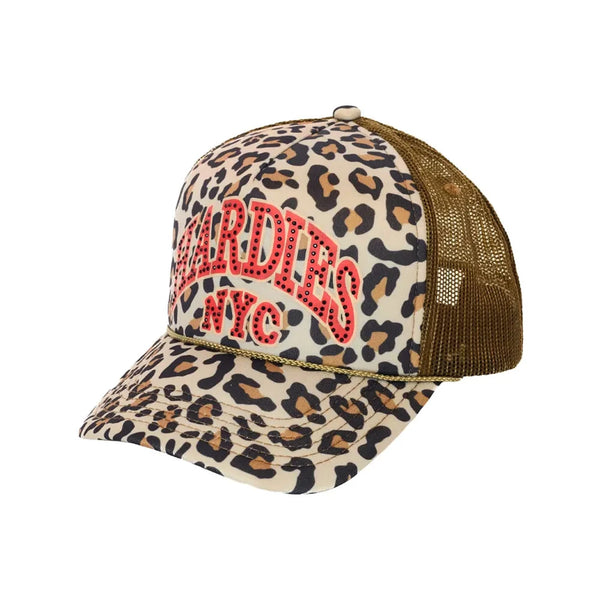 HARDIES HARDWARE - RHINESTONE PRE CURVE TRUCKER HAT "LEOPARD/RED"