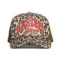 HARDIES HARDWARE - RHINESTONE PRE CURVE TRUCKER HAT "LEOPARD/RED"