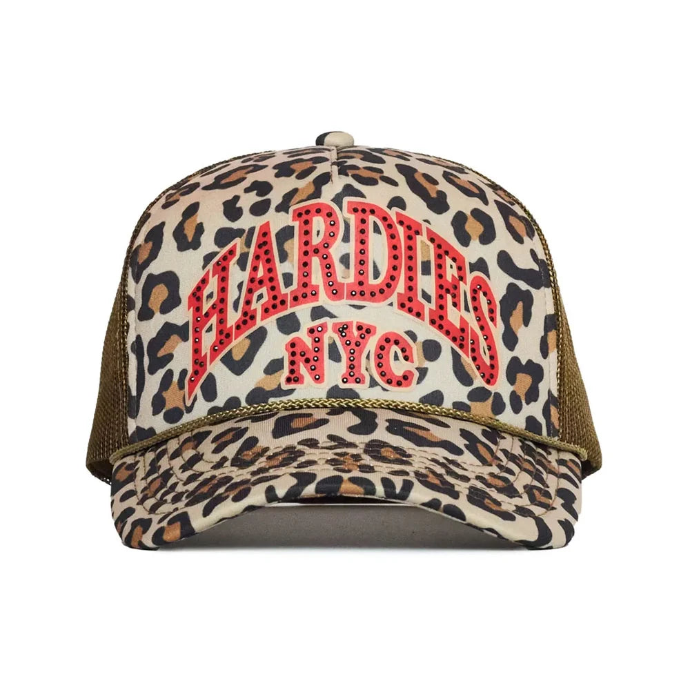 HARDIES HARDWARE - RHINESTONE PRE CURVE TRUCKER HAT "LEOPARD/RED"