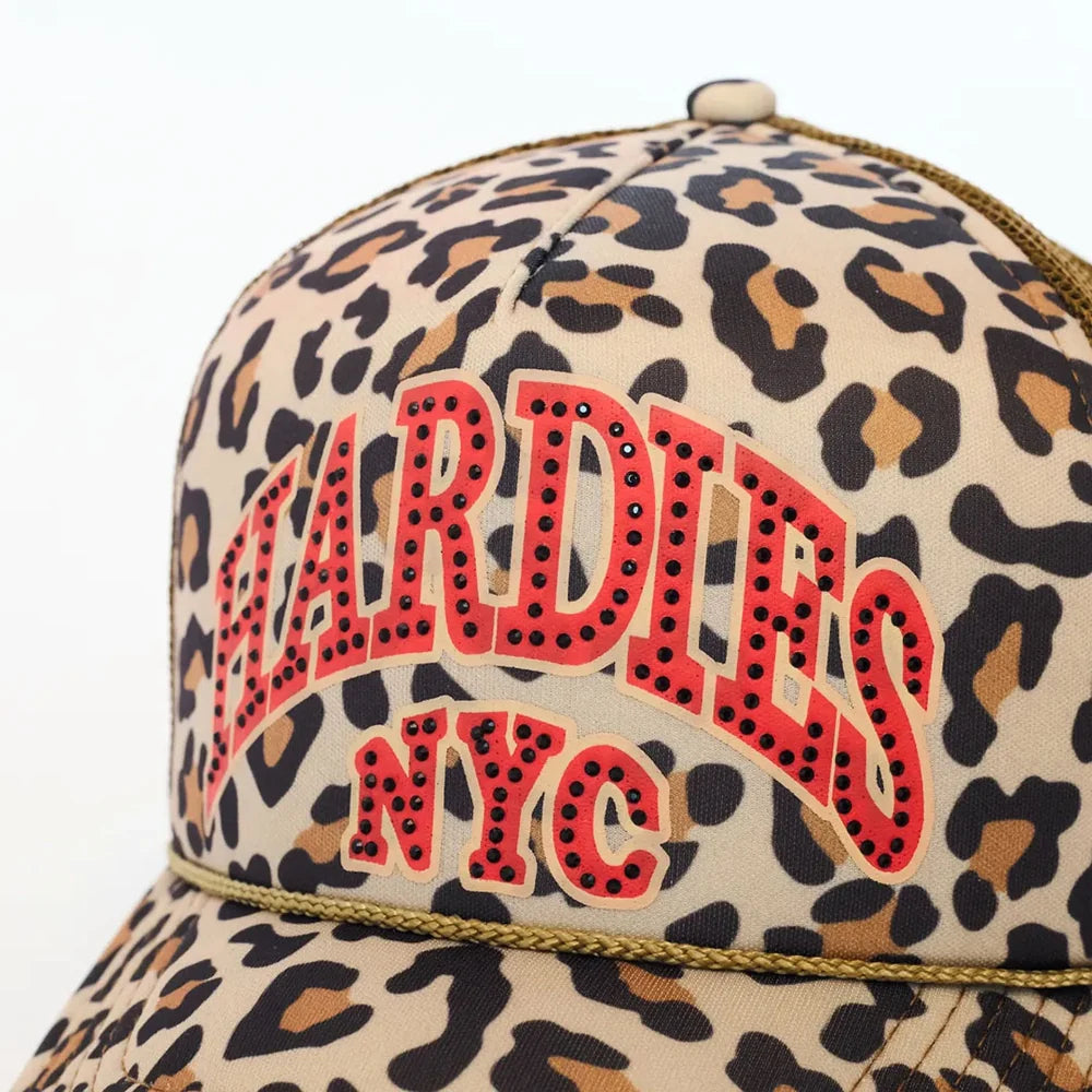 HARDIES HARDWARE - RHINESTONE PRE CURVE TRUCKER HAT "LEOPARD/RED"