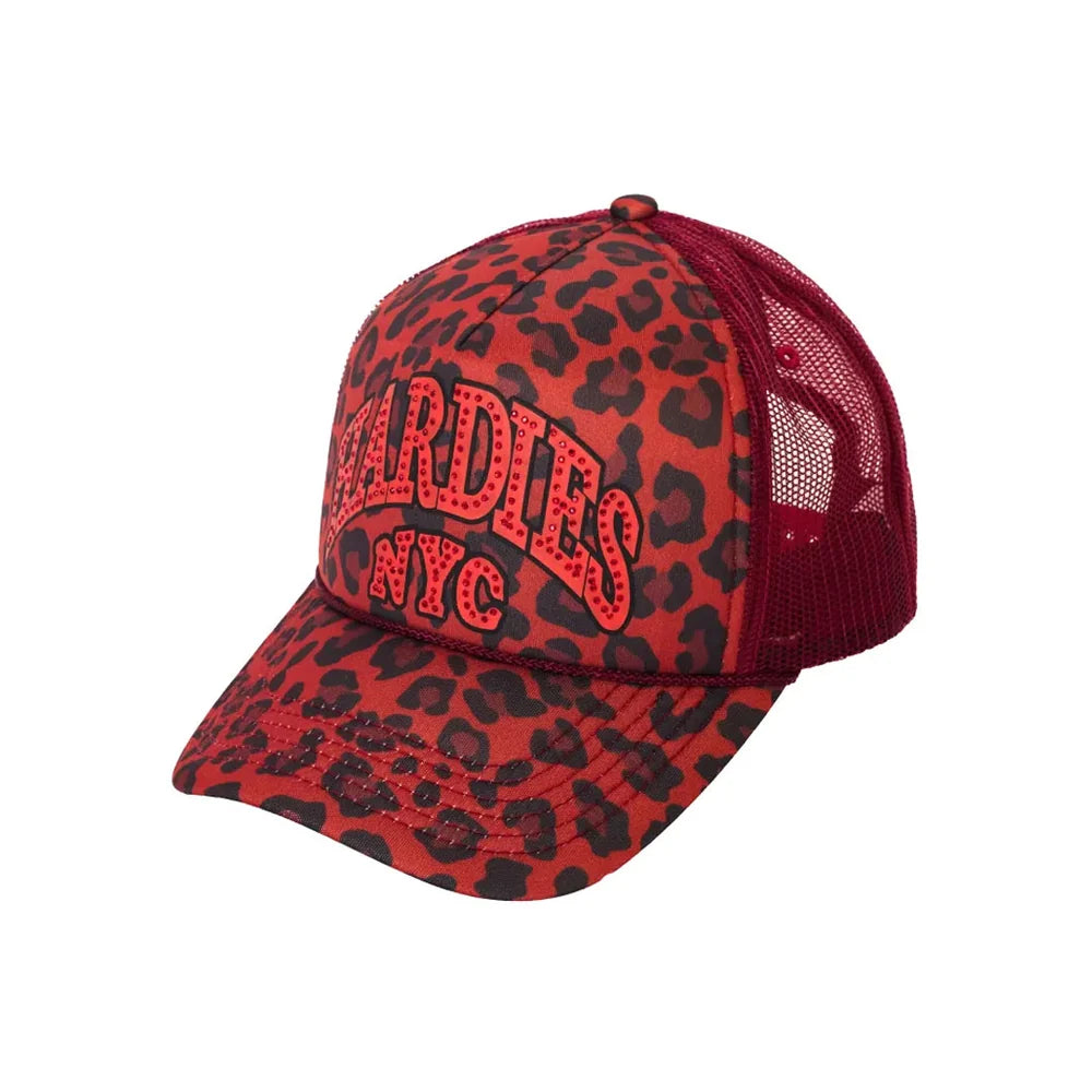 HARDIES HARDWARE - RHINESTONE PRE CURVE TRUCKER HAT "RED/LEOPARD"