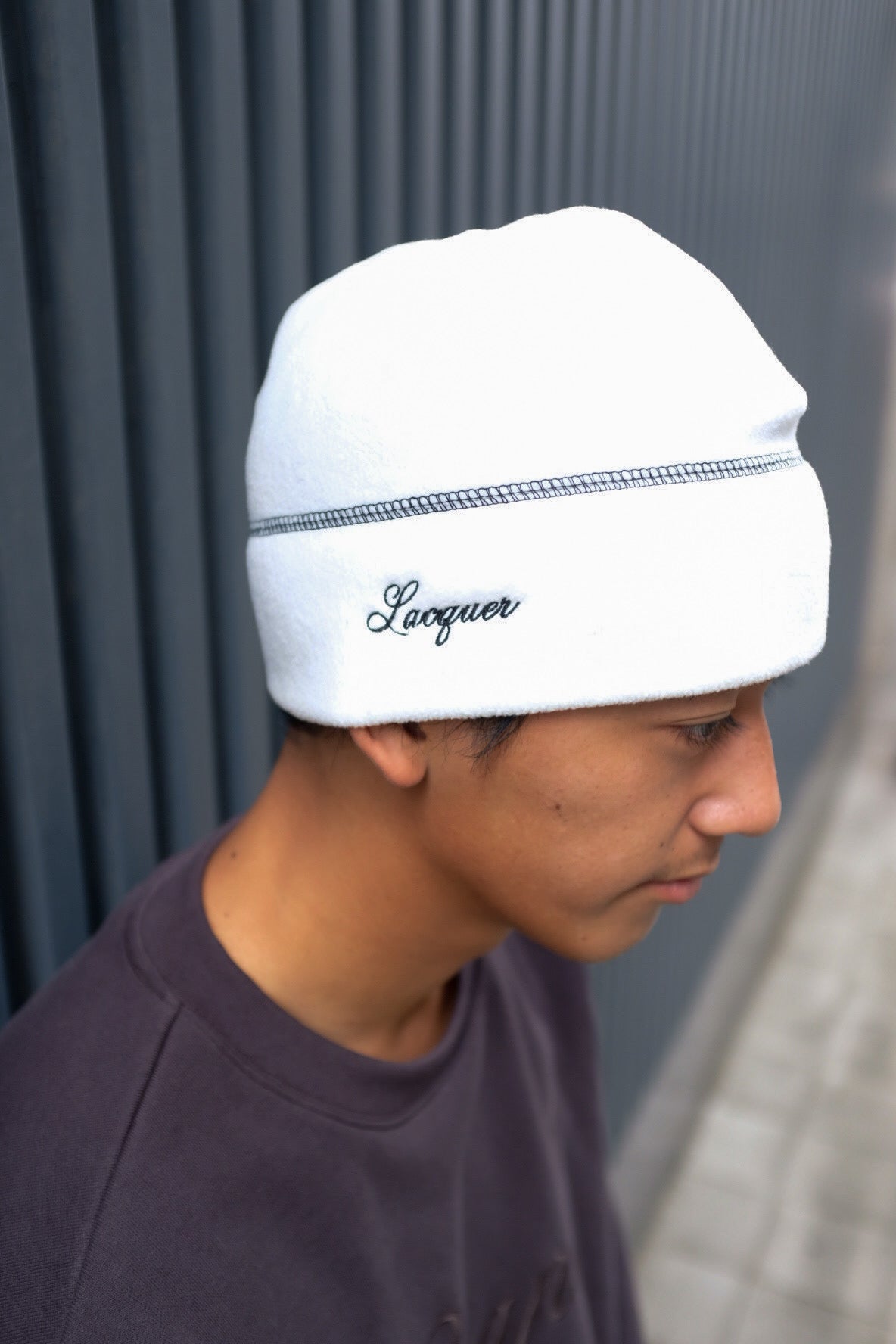 LACQUER - Script Logo Fleece Beanie "White/Black"